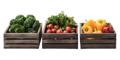 Wooden crates filled with fresh produce.  Three separate crates display assorted vegetables, including leafy greens, tomatoes, and bell peppers