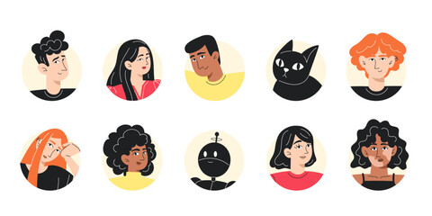 Collection of Flat Style Portraits Featuring Diverse People, an AI Robot, and a Pet Cat
