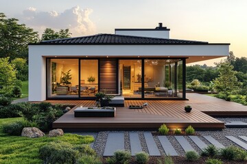 Fototapeta premium Modern house, sunset, deck, garden, landscape, home design, real estate