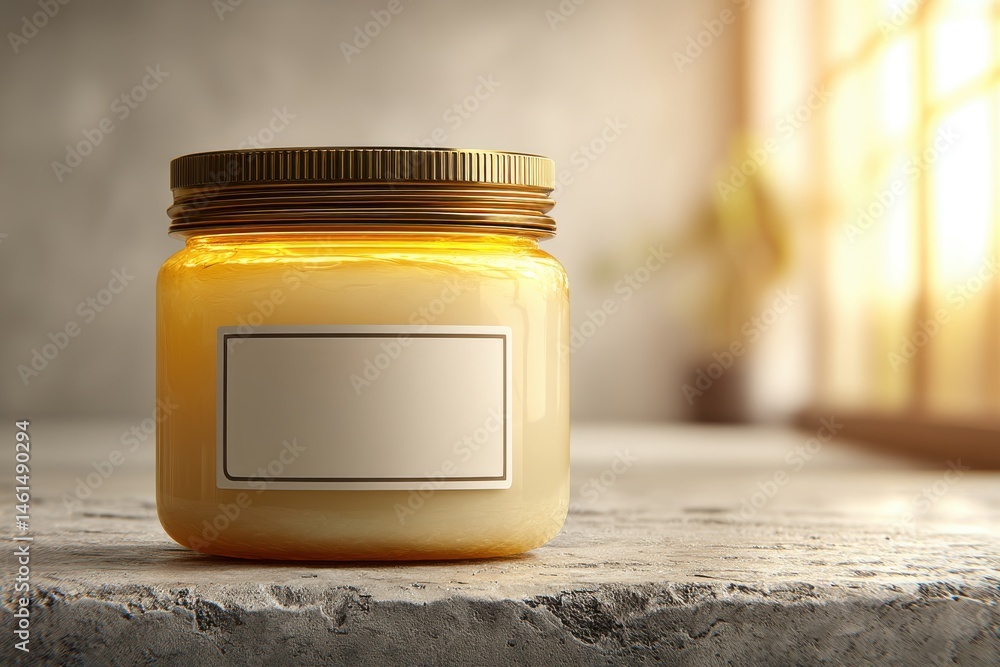 Aufkleber a jar of delicious honey sits on a rustic table with a blank label for branding, illuminated by warm