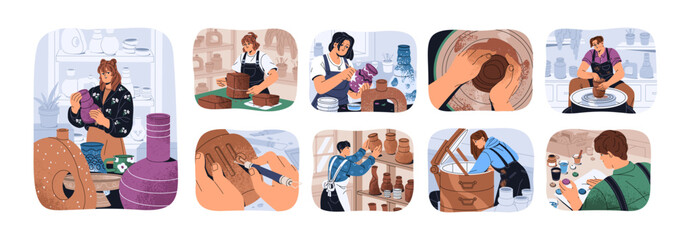 People do ceramics set. Artisans create crockery with pottery wheel in workshop. Potters work with clay, making handmade ware, vase in art class. Flat isolated vector illustrations on white background