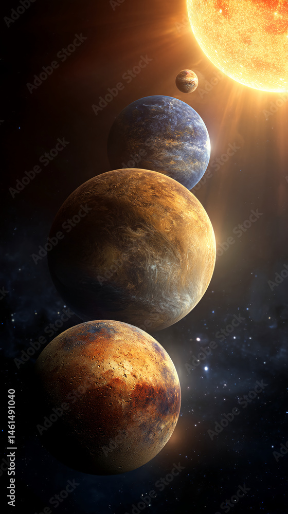Poster detailed image of planets orbiting a star, showcasing cosmic textures and vibrant colors, symbolizin