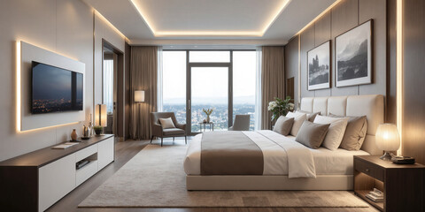 Luxury Bedroom City Apartment Interior Elegant master bedroom with city skyline view through window
