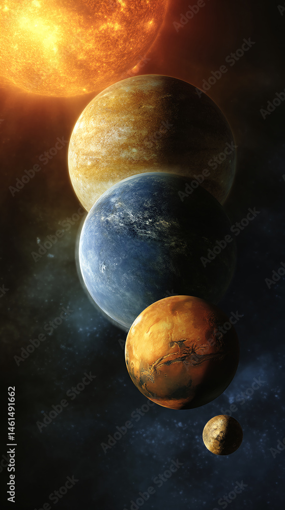 Poster sun and planets in space, aligned vertically, showcasing a cosmic arrangement symbolizing the solar 