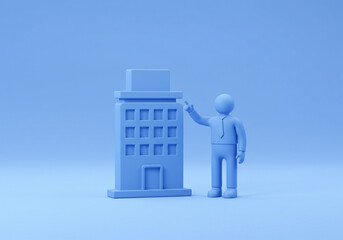 Figurine Pointing to Building Model on Blue Background