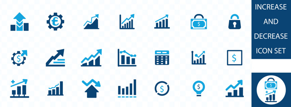 Increase and decrease icon set . Growth profit symbol. Business successful concept. Solid icon collection.