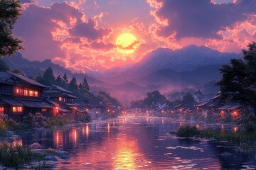 Fototapeta premium Serene riverside town, warm lights reflect off water under a sunset sky