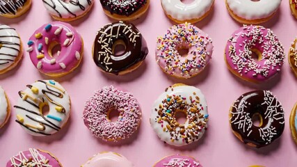 Colorful donuts in motion: an overhead delight of sweet temptations on pink background