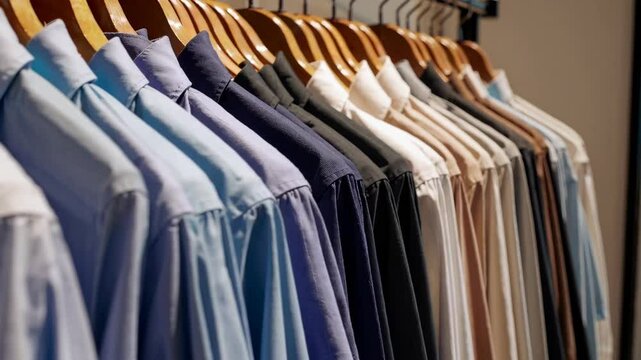 Changing wardrobe: neatly arranged shirts transform in color and tone on wooden hangers