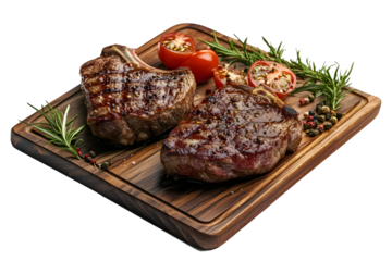 Two grilled steaks, seared to perfection, rest on a wooden cutting board.  Cherry tomatoes, fresh rosemary, and peppercorns garnish the dish