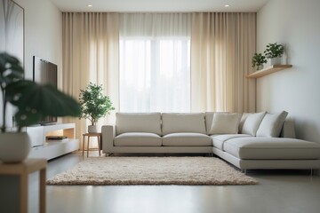 Living room interior with stylish furniture, focus on soft carpet