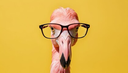 A striking flamingo with glasses stands confidently, set against a bright yellow background, creating a fun and memorable portrait.