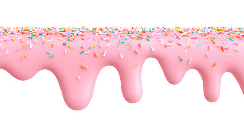 Pink cream dripping down with colorful sprinkles, isolated on white background