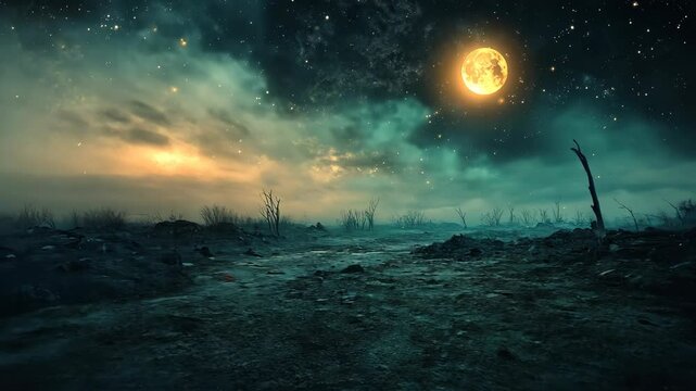 Desolate landscape under a full moon and starry night sky