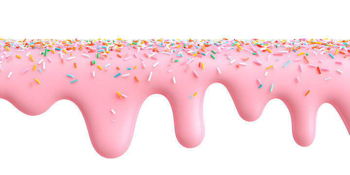 Pink cream dripping down with colorful sprinkles, isolated on white background