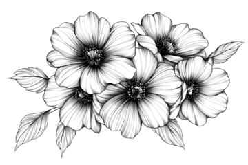 Elegant black and white floral bouquet drawing. Detailed line art depicts a cluster of blossoms with delicate petals, stamens, and leaves
