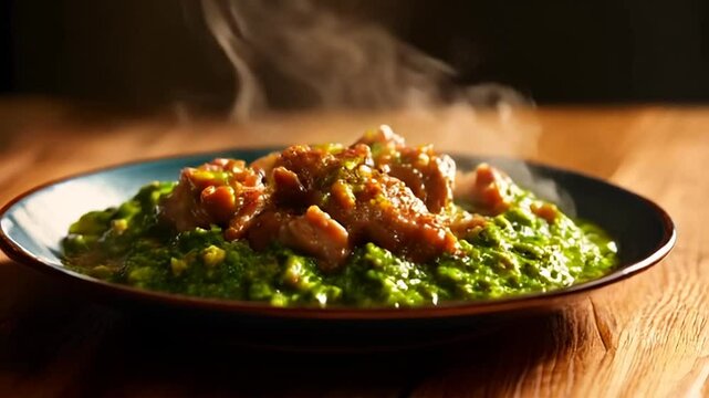 Steaming Verdolagas with Pork on Turquoise Plate a Mexican Stew with Purslane and Pork Served on Rustic Wood