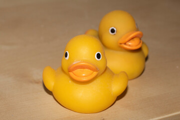 Two Cute Toy Yellow Rubber Ducks Looking Jolly on a Wood Shelf