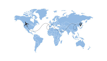 world map, flying white airplanes routes vector illustration