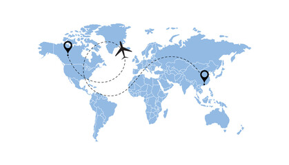 Naklejka premium world map, flying white airplanes routes vector illustration