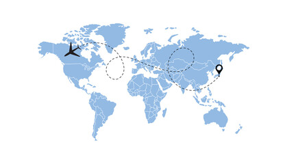 Fototapeta premium world map, flying white airplanes routes vector illustration