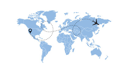 world map, flying white airplanes routes vector illustration