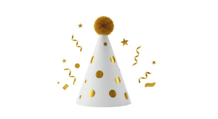 Isolated White and Gold Polka Dot Party Hat with Confetti