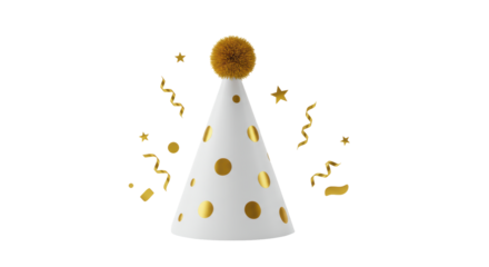 Isolated White and Gold Polka Dot Party Hat with Confetti