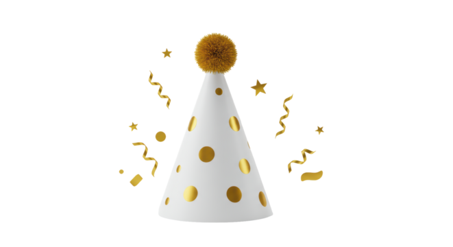 Isolated White and Gold Polka Dot Party Hat with Confetti