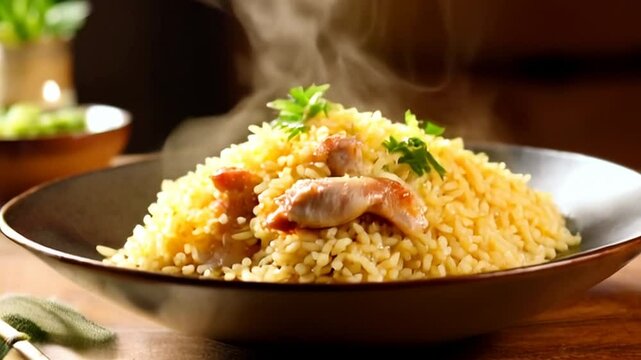 Steaming Yellow Rice Topped with Roasted Meat and Parsley in Dark Plate illuminated by Soft Light High Angle Studio Shot
