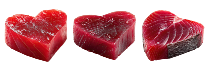Heart shaped fresh raw tuna fish steak with red color and texture