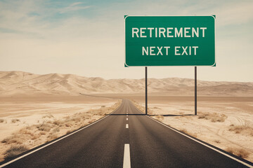 Desert road leading to a green sign reading "Retirement Next Exit", symbolizing the journey towards retirement and a new chapter in life