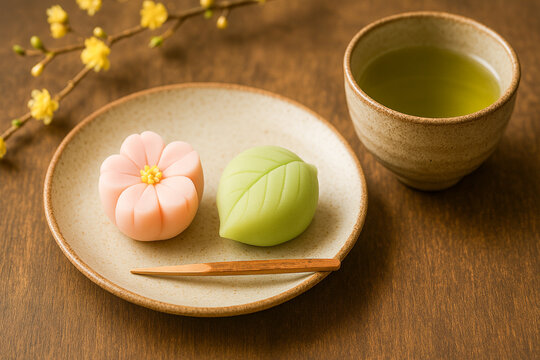 Japanese flower and leaf wagashi with green tea