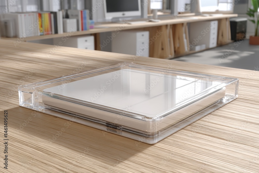 Poster a transparent box showcasing documents on a wooden table in a bright modern office setting, surround