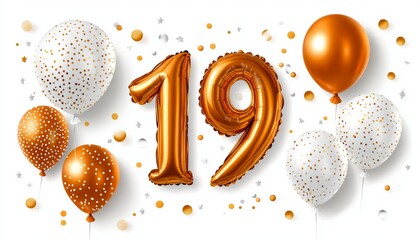 Golden Number 19 Balloons with Orange and White Balloons, and Confetti on White Background.