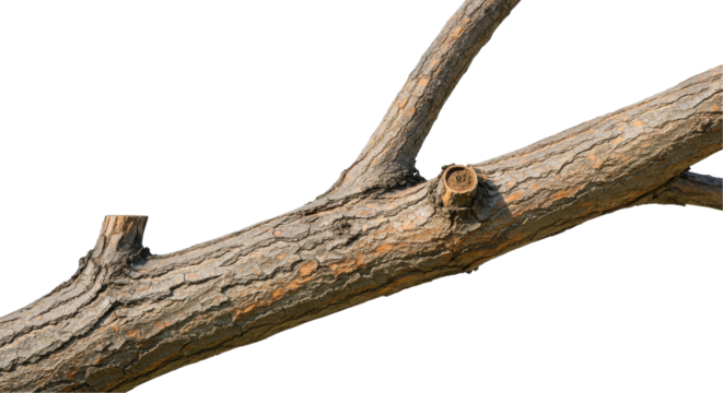 Jagged tree branch contrasts black backdrop