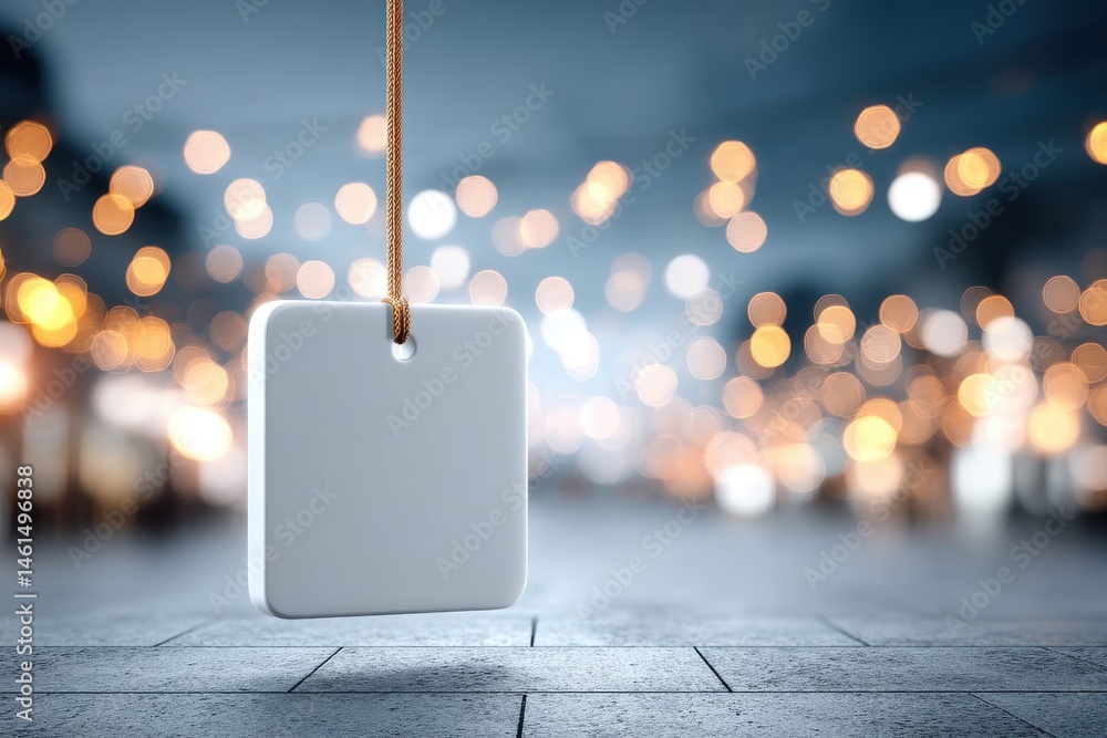 Poster a blank white square tag suspended by a brown string, floating above a light stone surface, bokeh li