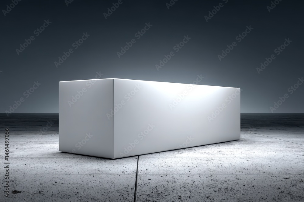 Poster a minimalistic display podium, with a white rectangular block on a textured gray floor, set against 