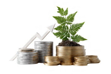 Green plant growing from a stack of coins with an upward arrow symbolizing growth. Png, Transparent background.