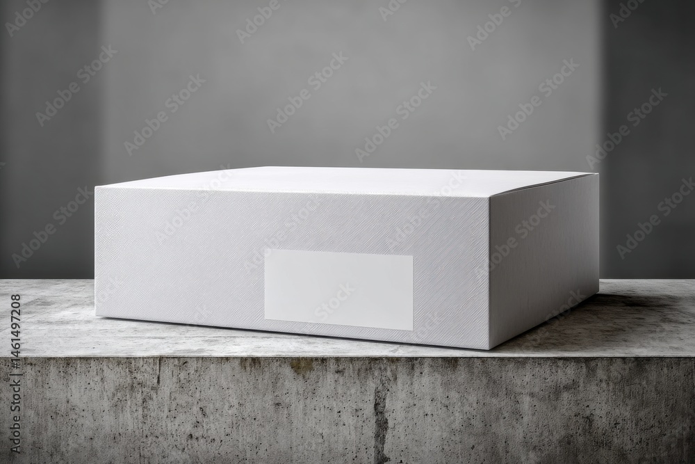 Poster a clean white textured box with a blank label sitting on a concrete surface, perfect for product moc