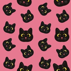 Seamless pattern with cute black cats pink background printable wallpaper