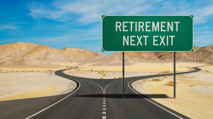 Desert road forks, sign reads "Retirement Next Exit," symbolizing life choices and the journey towards retirement