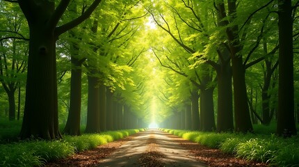 Naklejka premium Tranquil forest pathway bathed in spring sunlight, with lush green trees forming a natural canopy and dappled light creating a serene, inviting atmosphere.