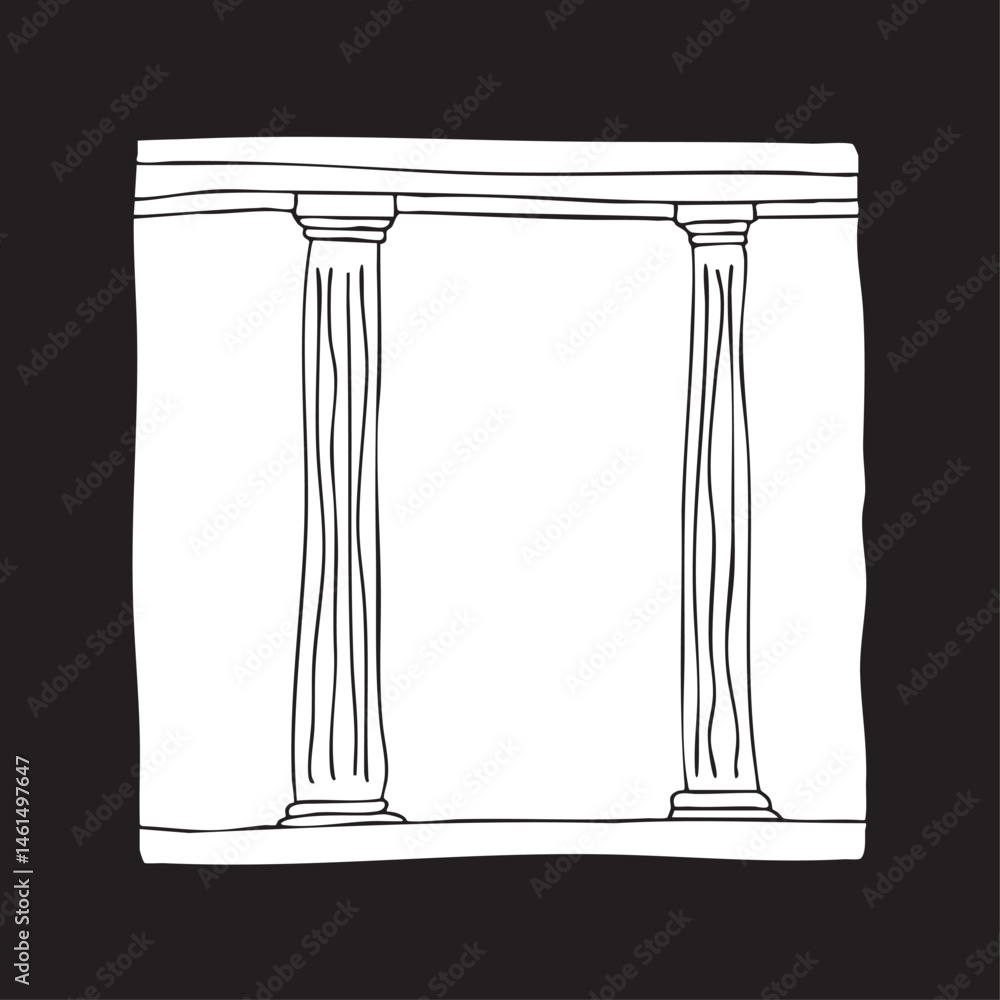 Poster three white columns form a classical architectural structure.