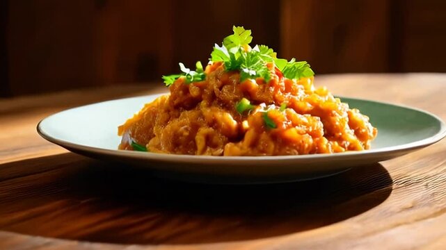 Tinga de Pollo Plate Close Up On Rustic Wood Table  A Delicious Mexican Dish With Shredded Chicken Cilantro and Onion In Smoky Tomato and Chipotle Sauce