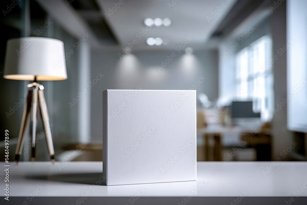 Poster close-up of a white box mockup on a desk in a bright office setting with a lamp, creating a serene a