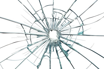 Realistic broken glass with sharp radial cracks spreading outward from a central impact point. The jagged shards and detailed fracture lines give the appearance of shattered glass, suitable for visual