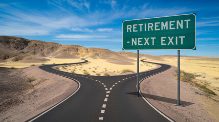 Forking road in desert landscape with sign reading "Retirement - Next Exit", symbolizing life choices and the transition to retirement