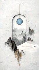 Serene mountain vista framed in a unique arched window