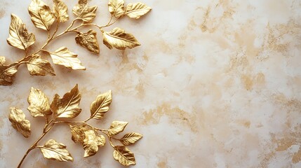 Gold leaves on beige textured background